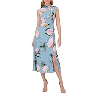 Adrianna Papell Tie Neck Sleeveless Zipper Back Floral Print Slit Side Crepe Dress-BLUE MULTI
