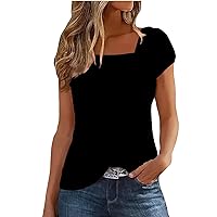 Casual Short Sleeve Tops for Women Ruched Tops for Women 2024 Solid Color Simple Versatile Loose Fit Casual with Short Sleeve Square Neck Shirts Black X-Large