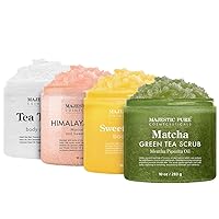 Majestic Pure Matcha Green Tea Scrub, Orange Scrub, Himalayan Scrub with Collagen, and Tea Tree Scrub Bundle, 10 oz each