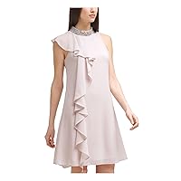Vince Camuto Womens Beige Stretch Embellished Zippered Flutter Sleeve Mock Neck Above The Knee Party Sheath Dress 16