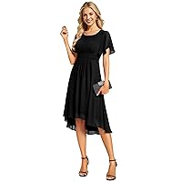 Alisapan Women's Chiffon Round Neck Short Sleeves Ruched Pleated A-Line Midi Formal Wedding Guest Dress