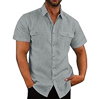 Mens Regular Fit Guayabera Shirt Holiday Beach Linen Spread Collar Cuban Camp Shirt Breathable Summer Beach Yoga Tops