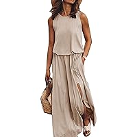 Women Sleeveless Loose Plain Maxi Dress Casual Split Long Dresses