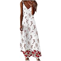 Women's Bohemian V-Neck Glamorous Dress Swing Casual Loose-Fitting Summer Sleeveless Long Floor Maxi Flowy Beach Print Red