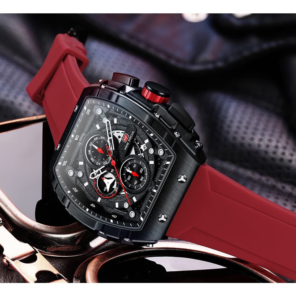 Watches for Men Luxury Skeleton Tonneau Watch for Men Waterproof Adjustable Silicone Strap Steampunk Style Chronograph Calendar Date Business Luminous Cool Large Square Face Wristwatch