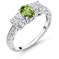 Gem Stone King 925 Sterling Silver 3-Stone Ring Oval Green Peridot and Moissanite (2.02 Cttw)