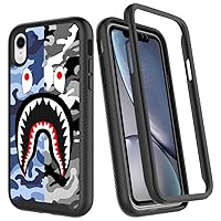 Street Fashion Cool Camo Blue Gray Shark Design Compatible with iPhone XR Case for Boys Luxury Shockproof Rugged Cover Dual Layer Soft TPU + Hard PC Bumper Full-Body Protective Case