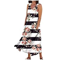 Spring Dresses for Women 2024 Printed Swing Sun Dress with Pocket Sleeveless Flowy Dress Lightweight Trendy Dresses