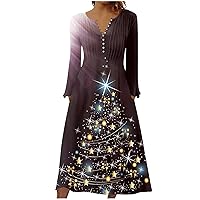 Women's Holiday Dresses Christmas Fashion Casual Print Pocket V-Neck Pullover Long Sleeve Dress, S-3XL