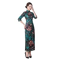 Women Green Silk Peony Floral Printed Cheongsam Oblique Placket Elegant Qipao 3262
