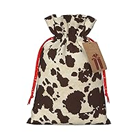 WURTON Gift Bag With Drawstring, Brown Cow Spots Canvas Gift Bags, Present Wrap Bags For Christmas, 12 X 8 In