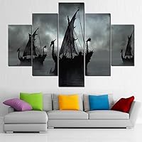 Fantasy Wall Art for Living Room Black Boats Paintings Vikings Pirate Ship Pictures Contemporary Artwork 5 Pieces Printed on Canvas Home Decor Giclee Framed Stretched Ready to Hang Gift(60''Wx40''H)