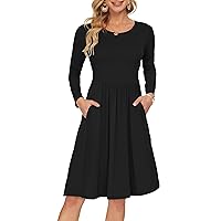 AUSELILY Women's Long Sleeve Pockets Empire Waist Pleated Loose Swing Casual Flare Dress