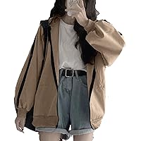 Womens Zip Up Hoodie Vintage Oversize Solid Hoodies Y2k 2000s Baggy Sweatshirts Trendy Tops for Teen Girls Gothic Clothes A Khaki