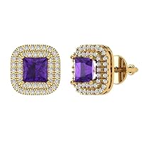 2.46ct Brilliant Princess Cut Halo Studs Natural Amethyst Solid 18k Yellow Gold Earrings Screw back