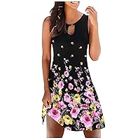 Dresses for Women 2024 Casual Floral Printed Tank Sleeveless Dress Hollow Out O-Neck Loose Beach Mini Sundress