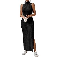 Sleeveless Dress High Neck Sexy Dresses for Women Long Black Dress with Slit