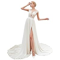 Elinadress Women's Chiffon Beach Wedding Dress Scoop Wedding Gowns Lace Bride Dresses for Weddings
