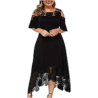 FQZWONG Lace Floral A Line Ruffle Short Sleeve Plus Size Maxi Dress Elegant Classy Prom Evening Cold Shoulder Flowy Dresses