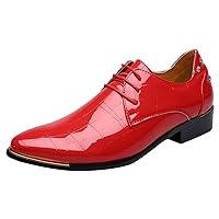 Dress Oxford Shoes for Men Pointed Toe Rivet Patent Leather Lace Up Derby Shoes Black Blue Red White