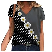 Floral Summer Tops for Women Sexy Short Sleeve V Neck Tshirt Tunic Blouse Daily Loose Fit Ladies Graphic Tees