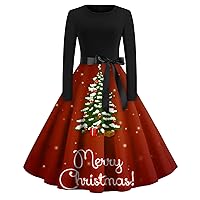 Women's Christmas Dresses Vintage Classic Neck Waist Bow Tie Long Sleeves Printed Round Swing Dress Winter, S-2XL