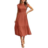 Womens Summer Casual Midi Dress Smocked Crewneck Flutter Short Sleeve Boho Tiered Maxi Dresses