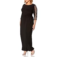 S.L. Fashions Women's Plus Size Long Ruched Dress with Beaded Illusion Sleeve, Black, 18W