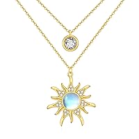 Moonstone Sun Layered Necklace 925 Sterling Silver Sun Pendant Gold Plated Sun Layered Jewelry Gifts for Women Girls Mother's Day