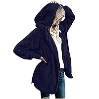 Women Fleece Fuzzy Hooded Coat Basic Open Front Soft Cardigan Hoodies Oversized Winter Casual Outerwear with Pockets