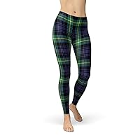 Green Plaid Leggings for Women Tartan Pattern Print Mid Rise Waist Womens Pants