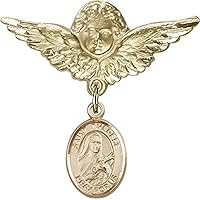 Jewels Obsession Baby Badge with St. Therese of Lisieux Charm and Angel with Wings Badge Pin | Gold Filled Baby Badge with St. Therese of Lisieux Charm and Angel with Wings Badge Pin - Made in USA