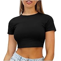 Women's Casual Summer Short Sleeve Crop Tops Solid Crew Neck Sexy T-Shirt Lightweight Breathable Sport Blouse Cute Tee Shirts