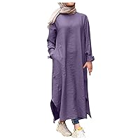 Prayer Clothes for Women Home Long Sleeve Tunic Dress Ladies Maxi Winter Stylish Cotton Loose Plain Button Comfy V Neck Tunic Dress Purple