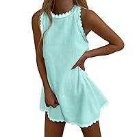 Womens Summer Dresses Cotton and Linen Dress Sleeveless Dress Mini Skirt Printed Loose Beach Dress(Mint Green,Large