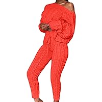 Women's Knitted 2-Piece Long Pants Set One Shoulder Twist Knit Sweater Suit Solid Color Long Sleeve Pullover Tracksuit