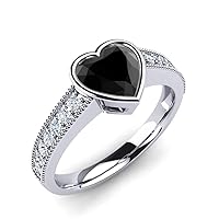 14K White Gold Plated 1.15 Ct Round & Heart Cut Black & Sim Diamond Engagement Ring