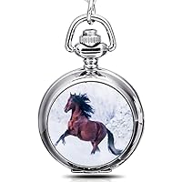 Horse Quartz Pocket Watch with Mirror White Dial Arabic Numerals Silver