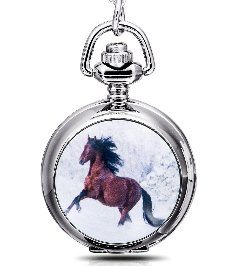 Infinite U Horse Quartz Pocket Watch with Mirror White Dial Arabic Numerals Silver
