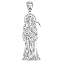 Sterling Silver Cubic Zirconia Santa Muerte Pendant Rhodium Finished, Small to Very Large Size