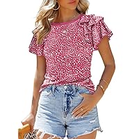 SHEWIN Summer Tops for Women Casual Short Ruffle Sleeve Polka Dots Crewneck Tshirts Shirts for Women 2024 Hot Pink L