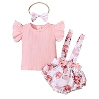 DuAnyozu Infant Newborn Baby Girl Ruffle Sleeve Ribbed T-Shirt and Floral Suspender Shorts Outfit Overall Clothes Set (Pink,0-3 Months,)