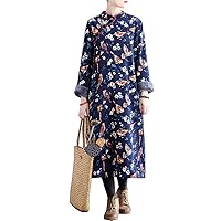 Women's Winter Maxi Dress Vintage Chinese Style Thick Long Dress with Pockets Navy Blue