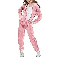 Woolicity Girls Sweatsuits Set Velour Tracksuit 2 Piece Outfits Zip Up Hoodies and Pants Sportswear Jogging Set