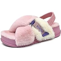 KuaiLu Womens Fuzzy Cross Band Platform Slippers with Back Strap Arch Support Furry Faux Fur Ladies Open Toe Slingback Slide Slippers Cozy Soft Plush Fleece Comfy House Shoe Sandals for Indoor Outdoor