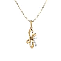 Certified 18K Gold Ribbon Pendant in Round Natural Diamond (0.03 ct) with White/Yellow/Rose Gold Chain Promise Necklace for Women