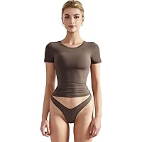 SUUKSESS Women Double Lined Fitted Basic Tee Crew Neck Short Sleeve Y2K Crop Top