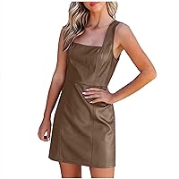 Womens Casual PU Leather Zipper Sheath Tank Dress Summer Fashion Square Neck Sleeveless Dressy Mini Pencil Dresses