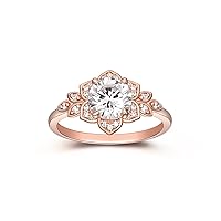 Vintage Flower Design Anniversary Ring For Women - 1.25 Carat 4 Pointed Prongs Excellent Cut Round Moissanite Promise Ring - 14K Solid Gold Engagement Ring For Her - Pave Set Round Moissanite Floral Halo Proposal Ring For Lover - Unique Moissanite Ring Gift For Wife