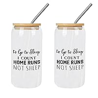 2 Pack Glasses with Bamboo Lids And Straw to Go to Sleep -I Count- Home Runs- Not Sheep Glass Cup Cup Mom Birthday Gifts Cups Great For for Tea Whiskey Water